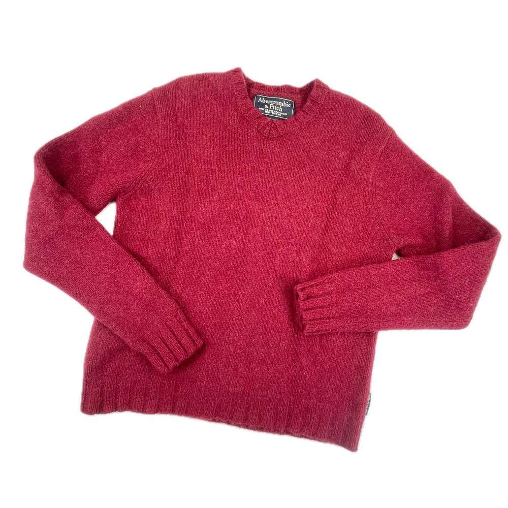 Abercrombie & Fitch Solid V-Neck Large Red 100% Wool Shaggy Knit Sweater Y2K